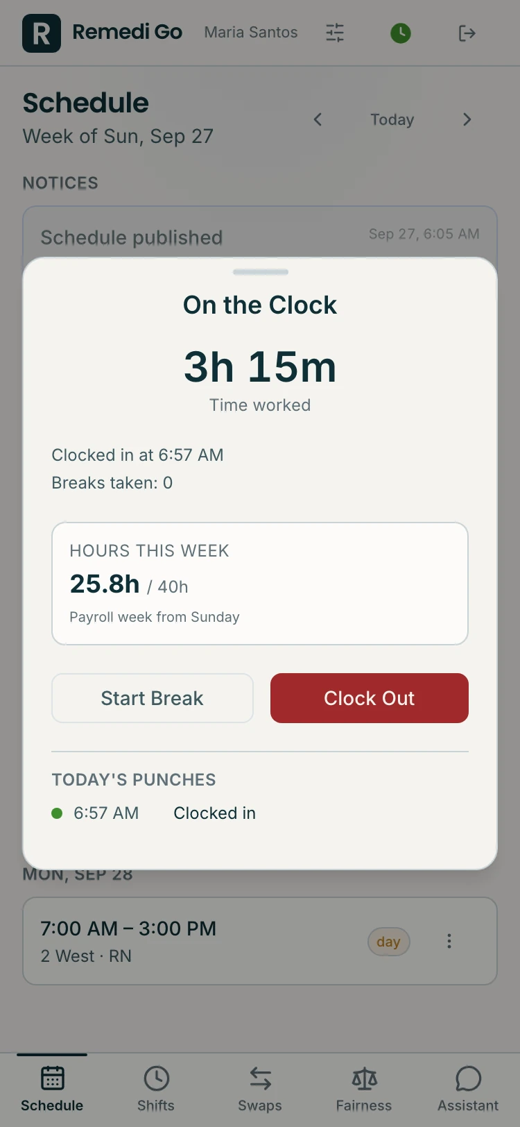 The Remedi Go time clock during a shift, showing time worked, hours this week against 40 and the buttons to start a break or clock out.