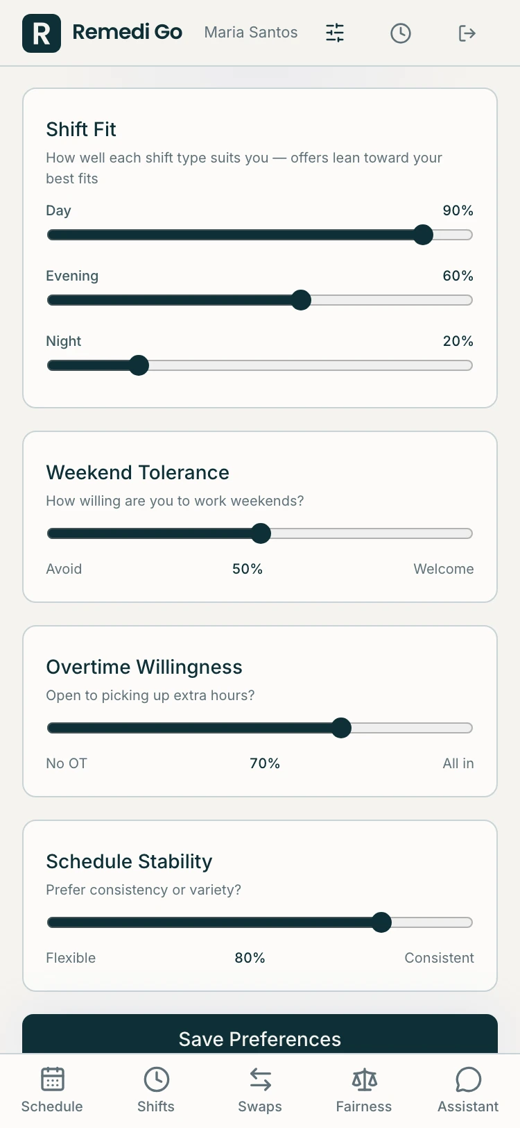 A nurse sets scheduling preferences on Remedi Go: which shifts suit them, weekends, overtime and a steady schedule.
