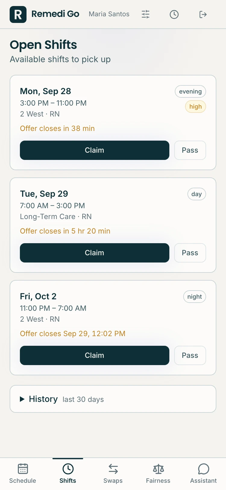 Open shifts offered to a nurse on Remedi Go, each showing the unit, the hours and how long the offer stays open.