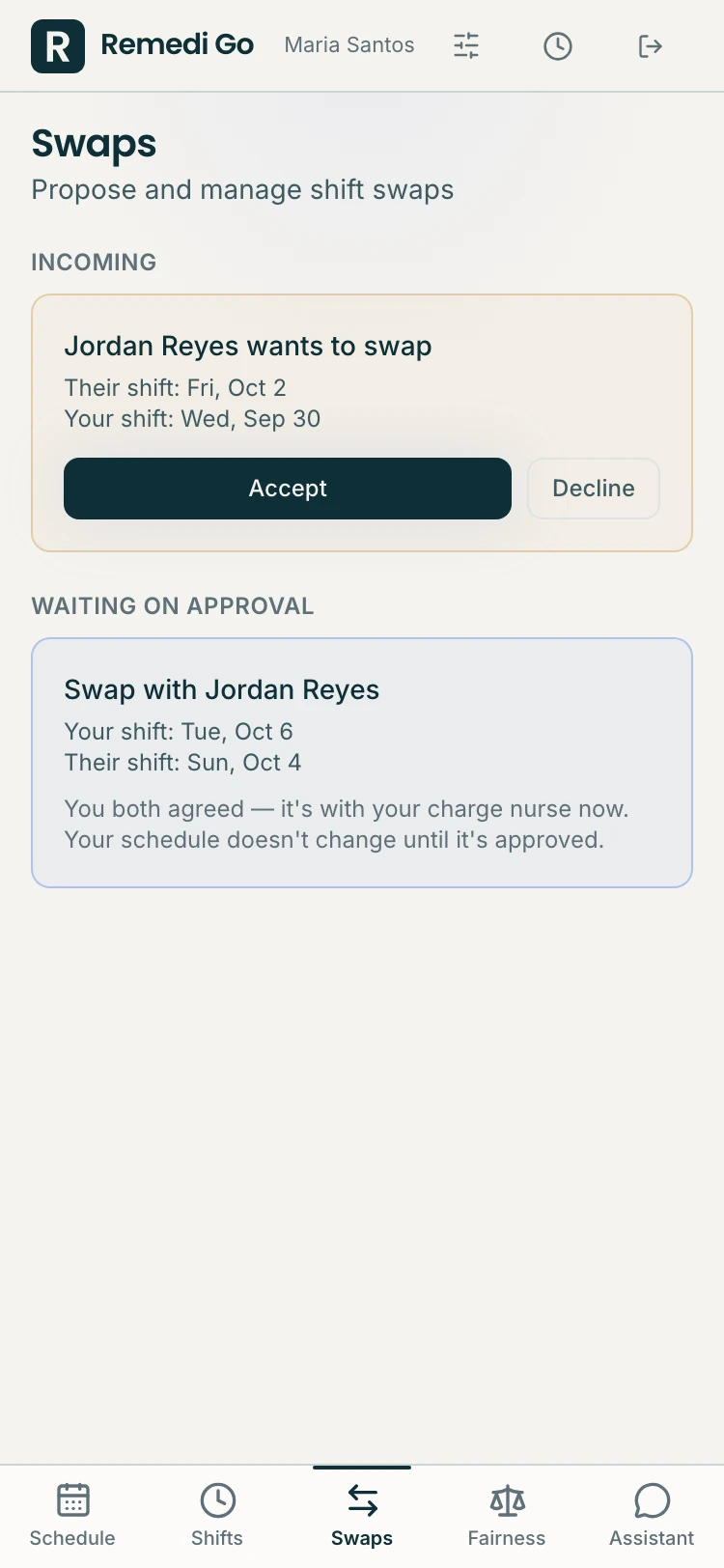 Shift swaps on Remedi Go, with a colleague's swap request to accept or decline and an agreed swap waiting for the charge nurse's approval.
