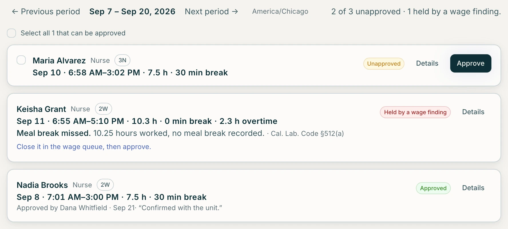 Timecard review for a pay period, with one card ready to approve, one held for a missed meal break and one already approved.